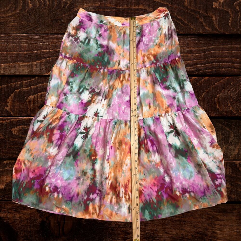 Anthropologie Kachel 100% Silk Abstract Tie-Dye Tiered Midi Skirt Size 10 - Picture 8 of 9